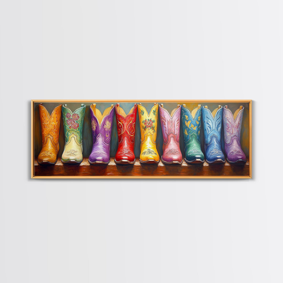 Glossy Embroidered Cowgirl Boots Canvas Print, Colorful Western Wall Art, Rodeo Room Decor, Boho Ranch Housewarming Gift Idea