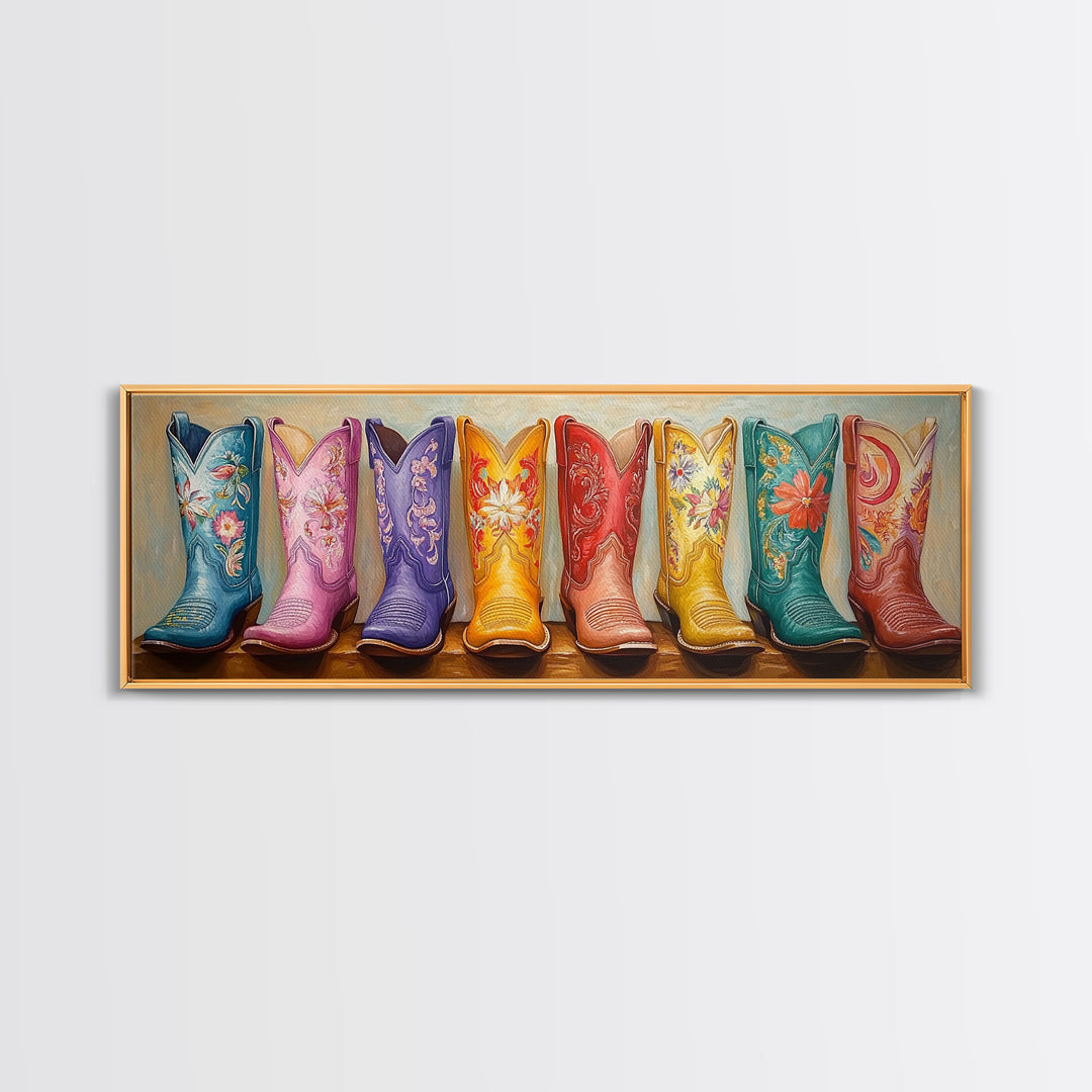 Pastel Embroidered Cowboy Boots Framed Canvas Print, Western Cowgirl Wall Decor, Floral Ranch Art, Boho Housewarming Gift