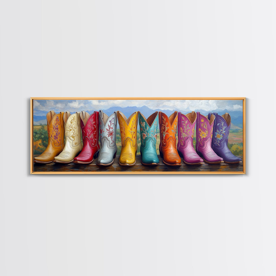 Mountain Row Cowboy Boots Wall Art, Western Cowgirl Decor, Southwestern Landscape Print, Rustic Ranch Housewarming Gift For Her
