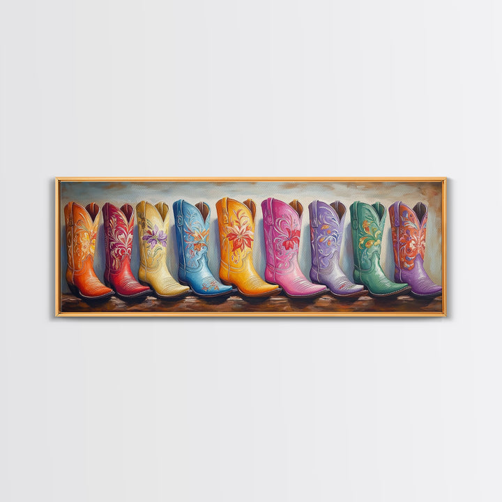 Pastel Floral Cowgirl Boots Framed Canvas Print, Western Wall Art, Boho Farmhouse Decor, Country Bedroom Wall Decor Gift