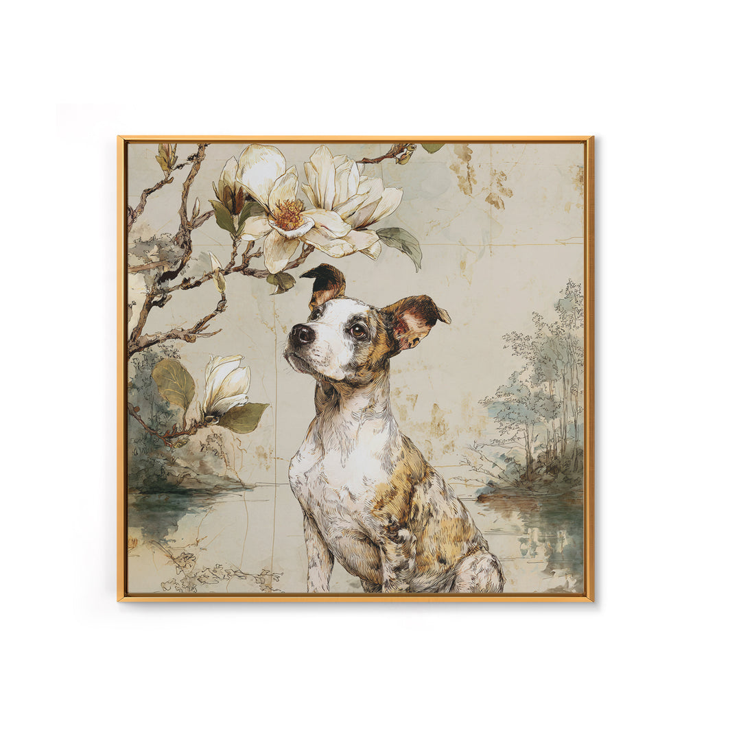 Delicate Magnolia Branch on Cream Background Framed Canvas Print, Above Bed Art, Living Room Decor, Bedroom Decor, Serenity, ABA-1x1-16