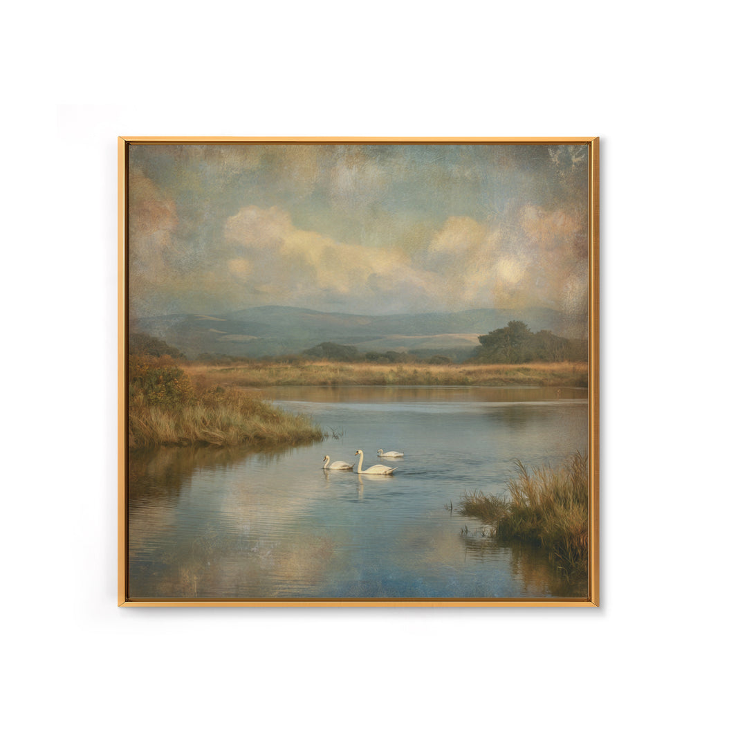 Paired Swans in a Dreamy Painterly Lake Canvas Print, Above Bed Art, Boho Wall Art, Bedroom Decor, Fine Art, Serenity, ABA-1x1-22