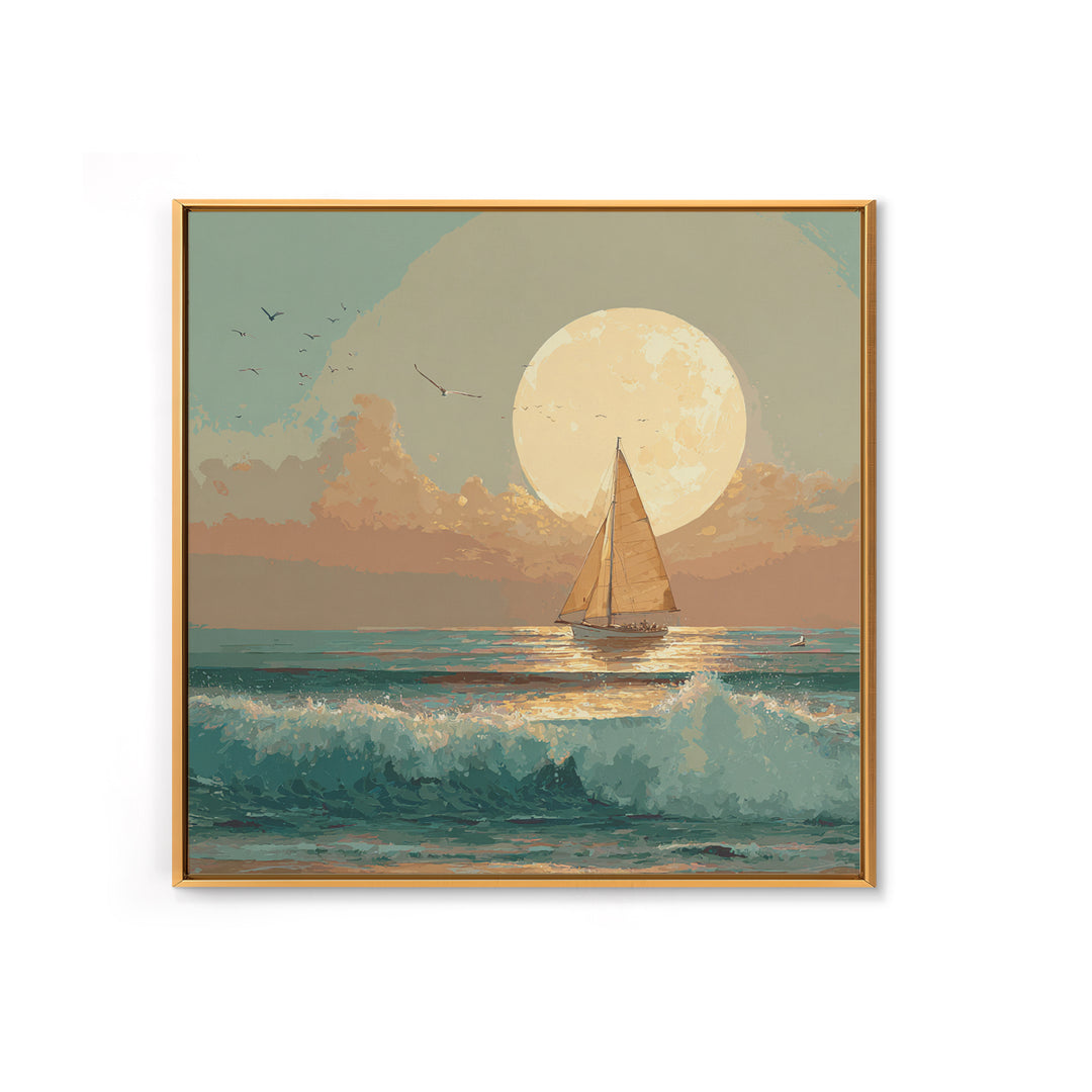Quiet Moon over a Calm Ocean Horizon Framed Canvas Print, Above Bed Art, Living Room Decor, Bedroom Decor, Oil Painting, ABA-1x1-27