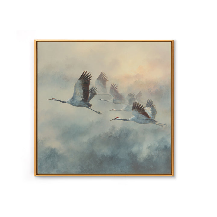 Ethereal Cranes Flying Through Pale Morning Mist Canvas Print, Above Bed Art, Fine Art Print, Bedroom Decor, Serenity, ABA-1x1-33
