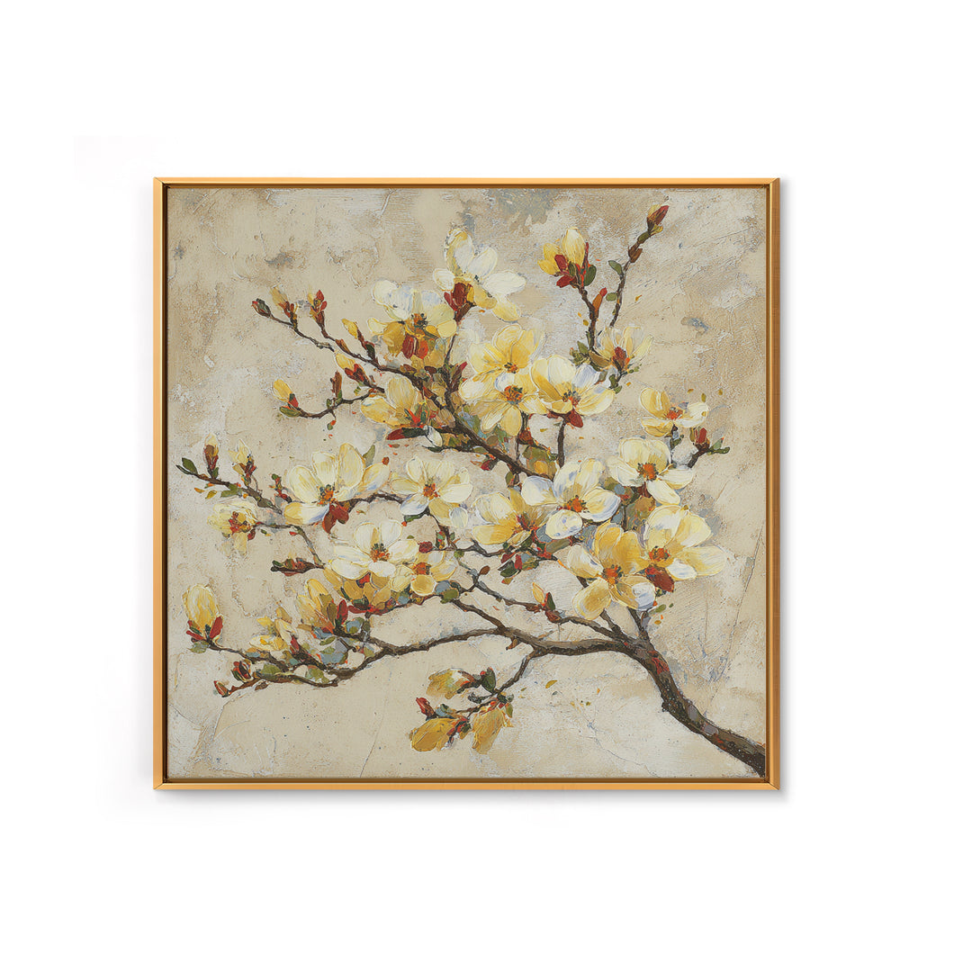 Delicate Magnolia Branch on Cream Background Framed Canvas Print, Above Bed Art, Bedroom Decor, Watercolor Art, Serenity, ABA-1x1-40