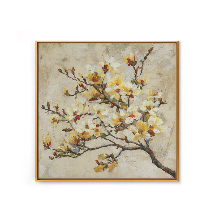 Delicate Magnolia Branch on Cream Background Framed Canvas Print, Above Bed Art, Bedroom Decor, Watercolor Art, Serenity, ABA-1x1-40