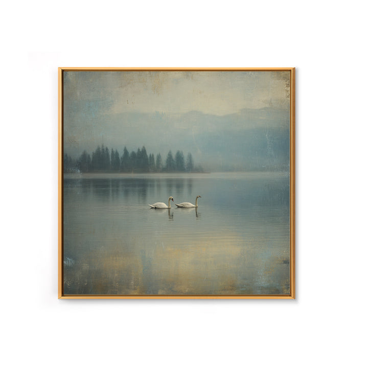 Paired Swans in a Dreamy Painterly Lake Framed Canvas Print, Above Bed Art, Boho Decor, Bedroom Decor, Oil Painting, Serenity, ABA-1x1-46