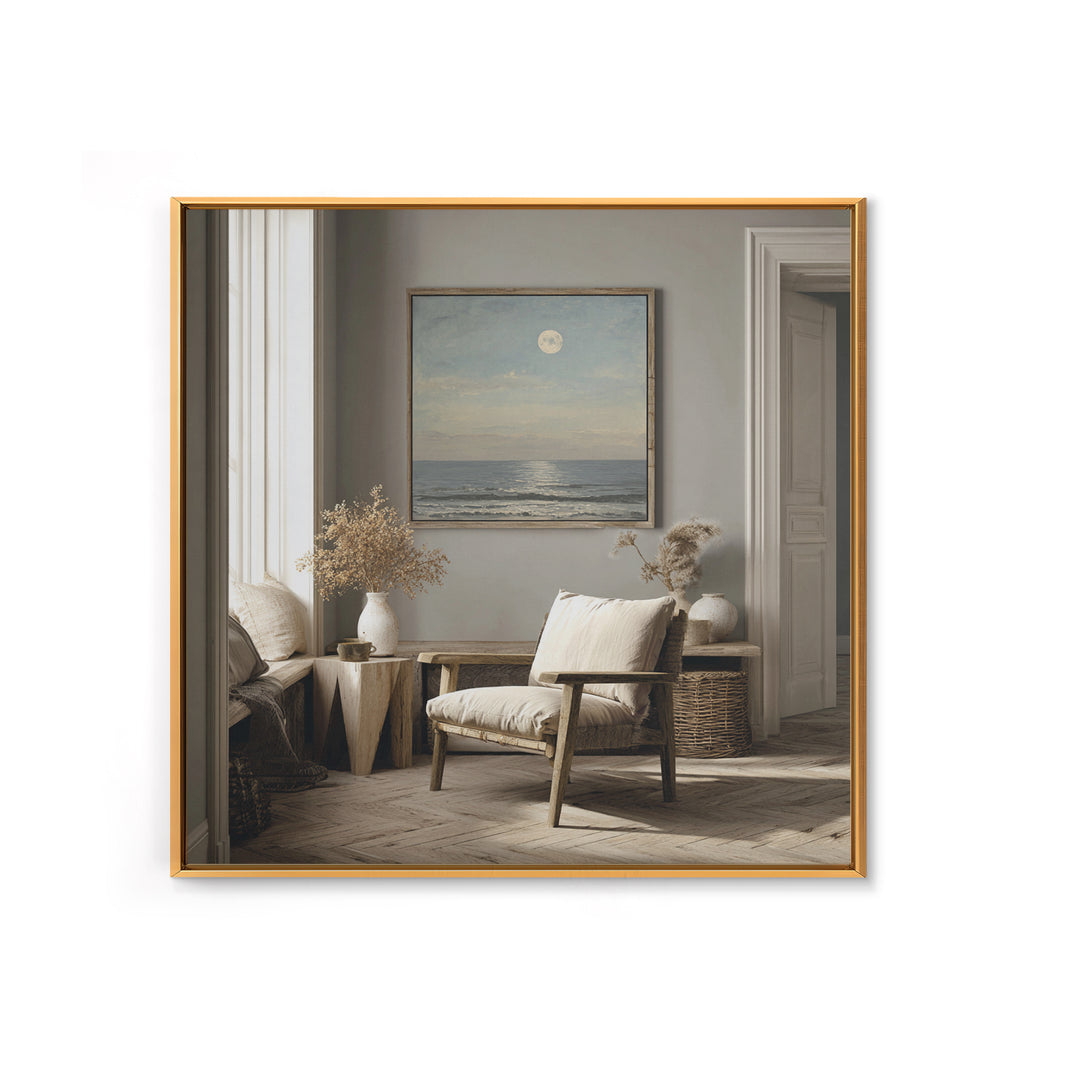 Quiet Moon over a Calm Ocean Horizon Framed Canvas Print, Above Bed Art, Bedroom Wall Art, Bedroom Decor, Fine Art, Serenity, ABA-1x1-51