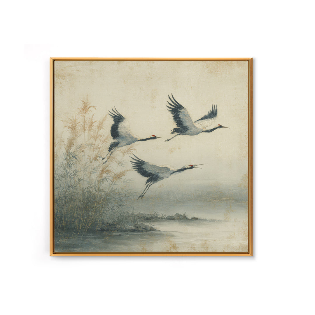 Ethereal Cranes Flying Through Pale Morning Mist Canvas Print, Above Bed Art, Fine Art Print, Bedroom Decor, Serenity, ABA-1x1-57
