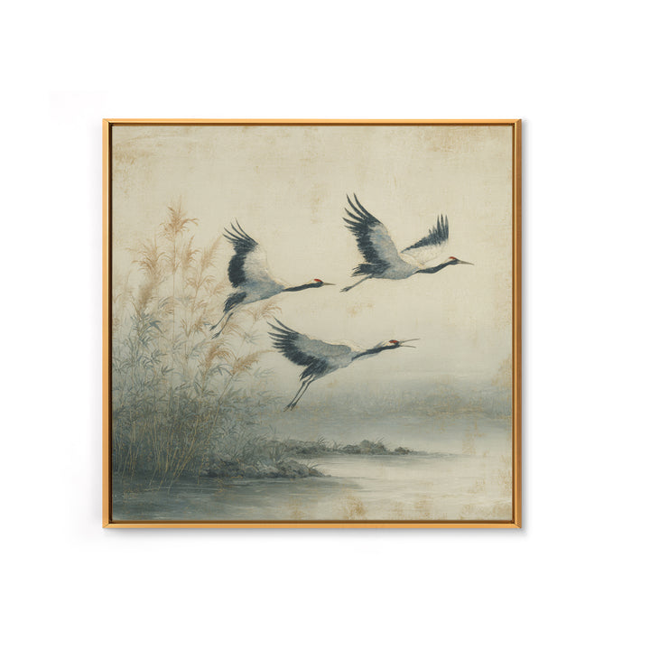 Ethereal Cranes Flying Through Pale Morning Mist Canvas Print, Above Bed Art, Fine Art Print, Bedroom Decor, Serenity, ABA-1x1-57