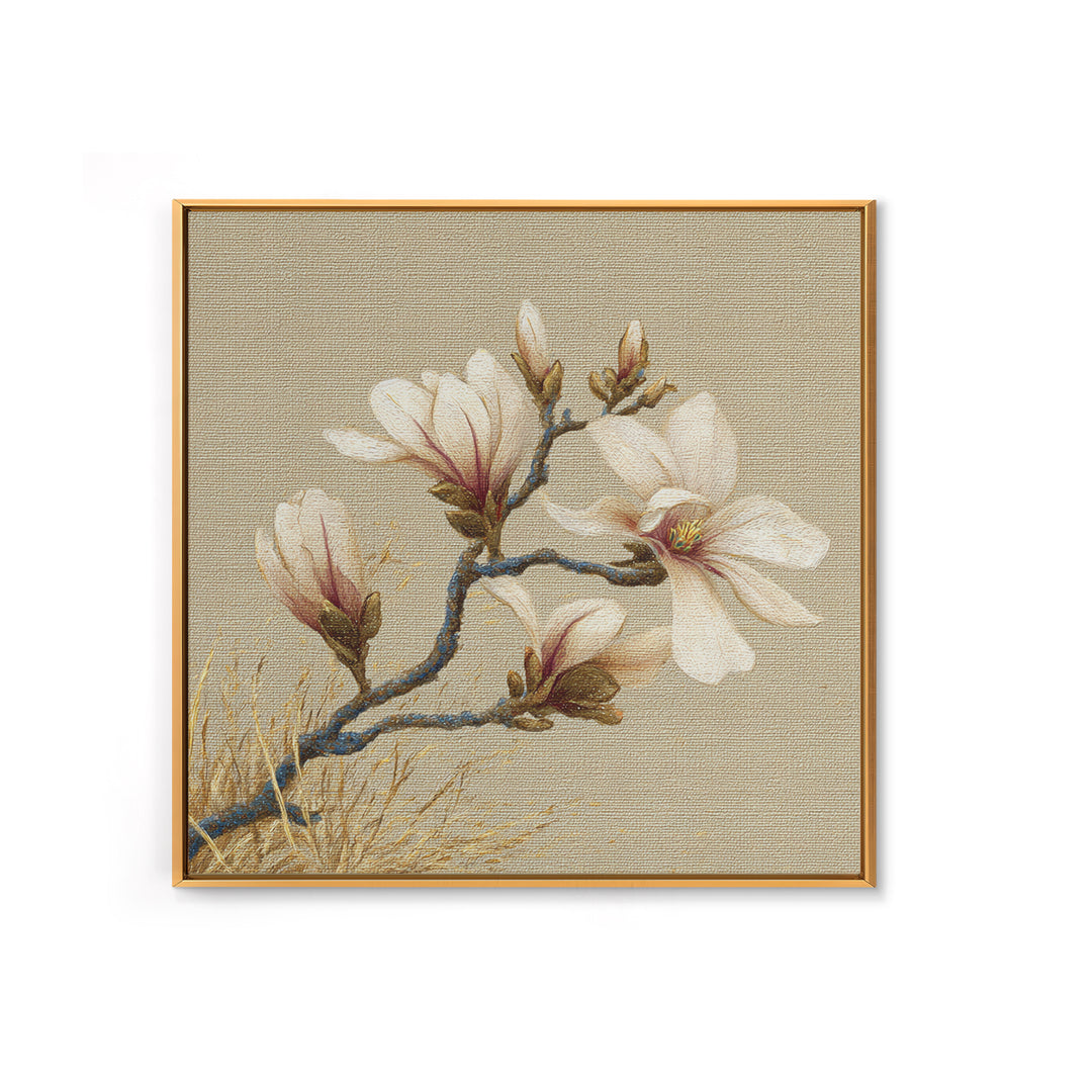 Delicate Magnolia Branch on Cream Background Framed Canvas Print, Above Bed Art, Boho Wall Art, Bedroom Decor, Watercolor Art, ABA-1x1-64