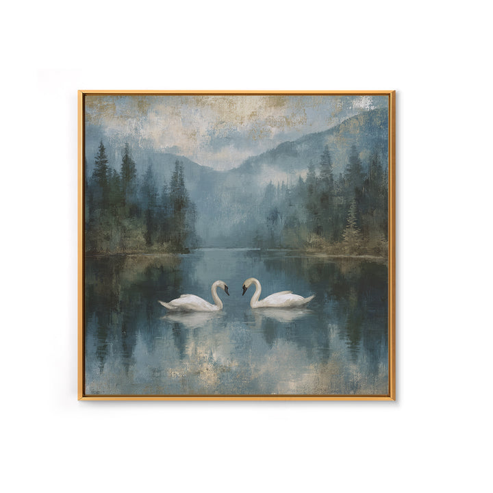 Paired Swans in a Dreamy Painterly Lake Framed Canvas Print, Above Bed Art, Boho Decor, Bedroom Decor, Oil Painting, Serenity, ABA-1x1-70