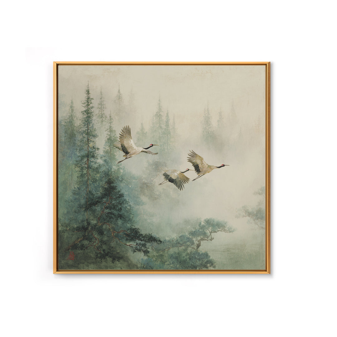 Ethereal Cranes Flying Through Pale Morning Mist Canvas Print, Above Bed Art, Textured Painting, Bedroom Decor, Serenity, ABA-1x1-81