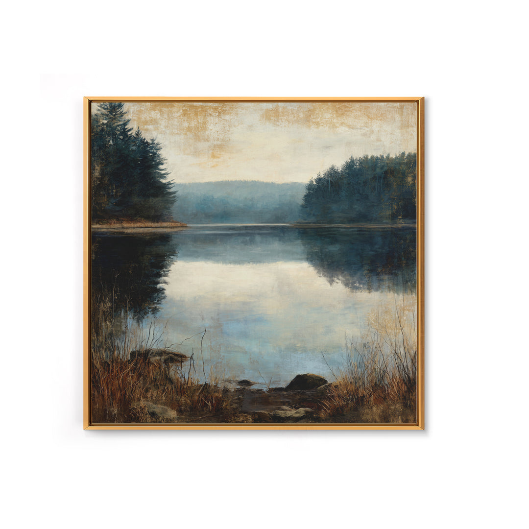 Calming Lake Reflection Framed Canvas Print, Above Bed Art, Fine Art Print, Bedroom Decor, Oil Painting, Serenity, Digital Art, ABA-1x1-83