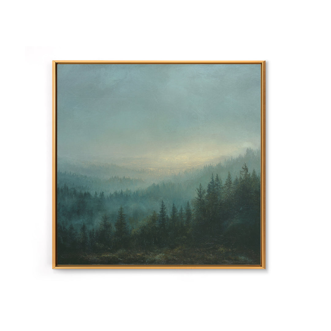 Quiet Forest Ridge Softened by Fog Canvas Print, Above Bed Art, Neutral Decor, Bedroom Decor, Oil Painting, Serenity, ABA-1x1-86