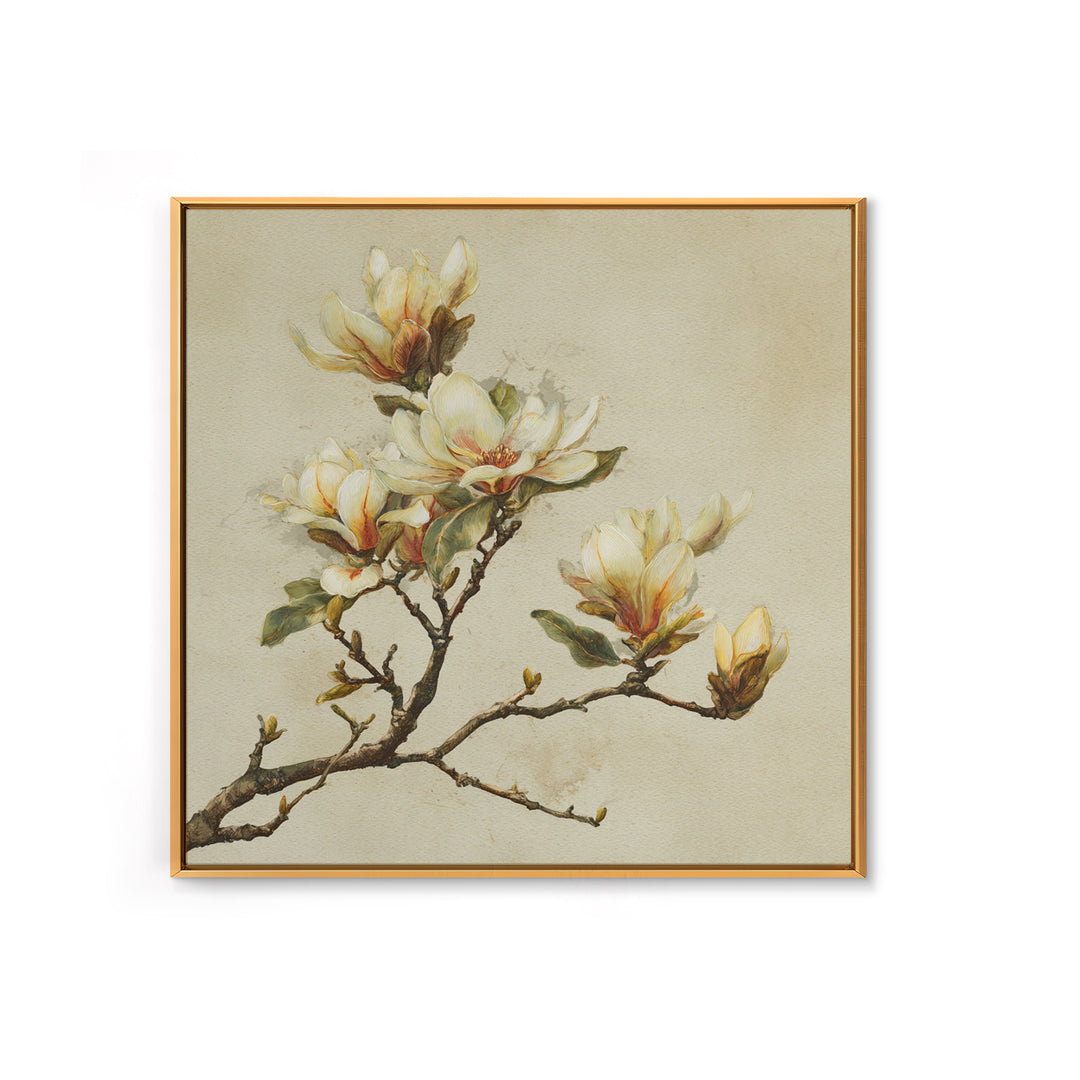 Delicate Magnolia Branch on Cream Background Canvas Print, Above Bed Art, Textured Painting, Bedroom Decor, Serenity, ABA-1x1-88