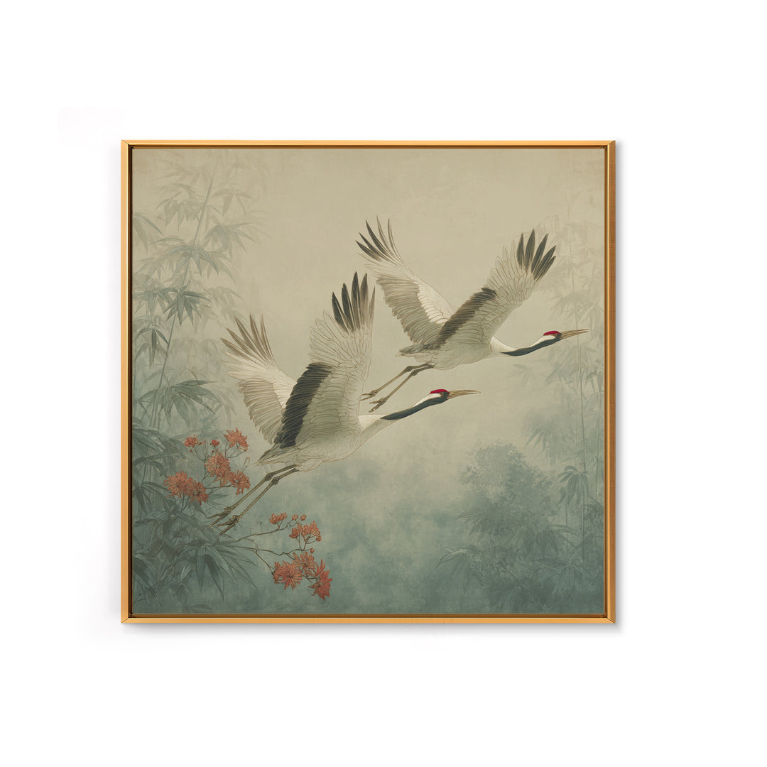 Ethereal Cranes Flying Through Pale Morning Mist Canvas Print, Above Bed Art, Bedroom Wall Decor, Bedroom Decor, Serenity, ABA-1x1-9