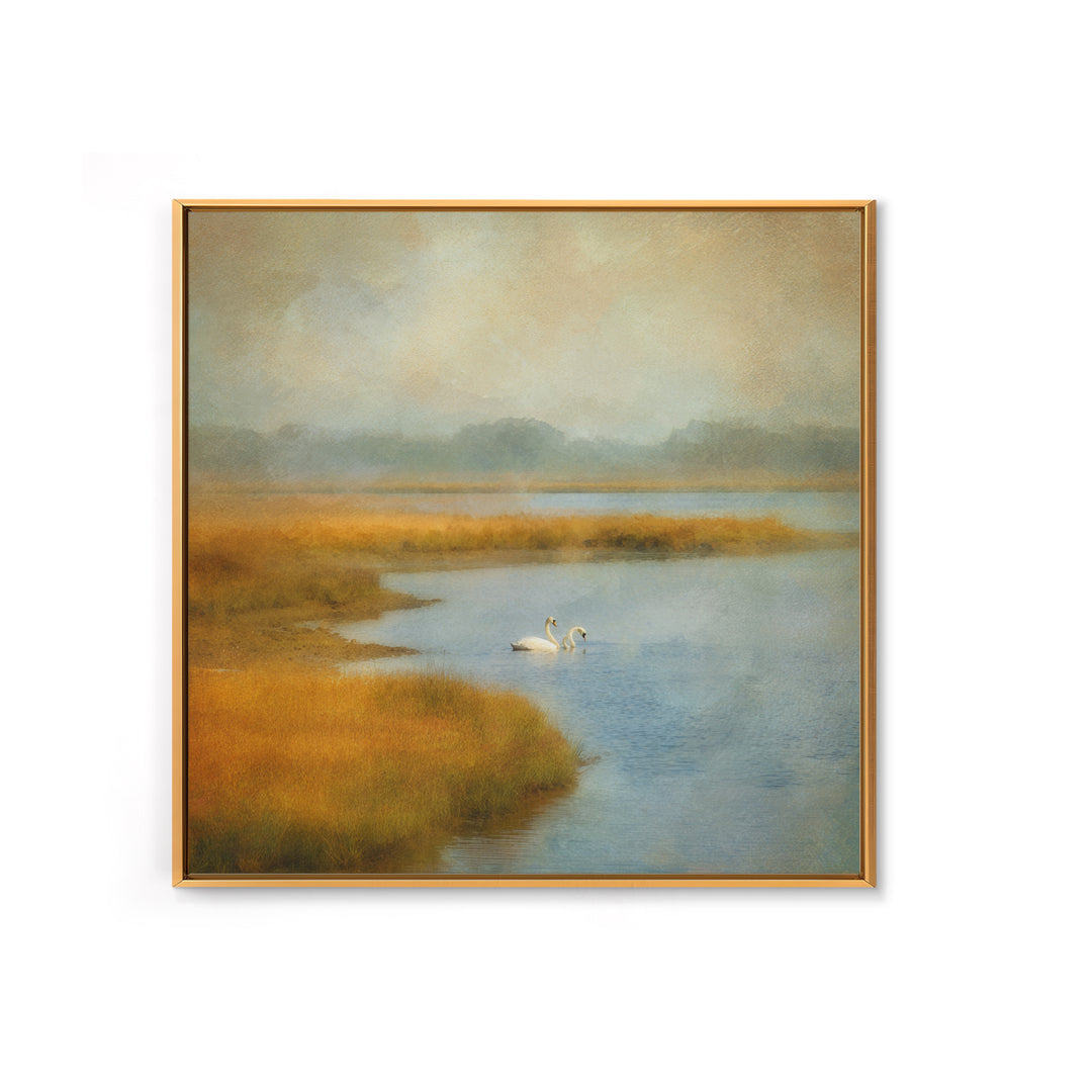 Paired Swans in a Dreamy Painterly Lake Canvas Print, Above Bed Art, Bedroom Wall Decor, Bedroom Decor, Fine Art, Serenity, ABA-1x1-94