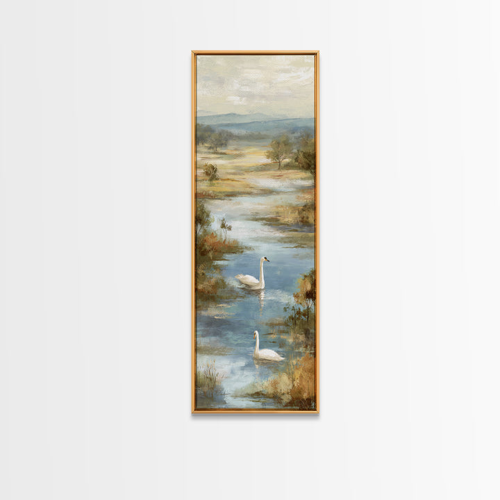 Paired Swans in a Dreamy Painterly Lake Canvas Print, Above Bed Art, Dopamine Decor, Bedroom Decor, Fine Art, Serenity, ABA-1x3-10