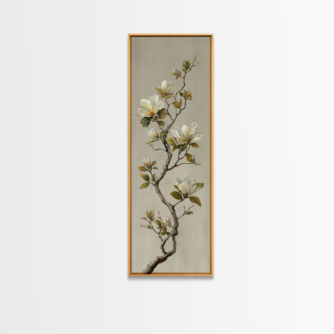 Delicate Magnolia Branch on Cream Background Canvas Print, Above Bed Art, Horizontal Wall Art, Bedroom Decor, Oil Painting, ABA-1x3-100