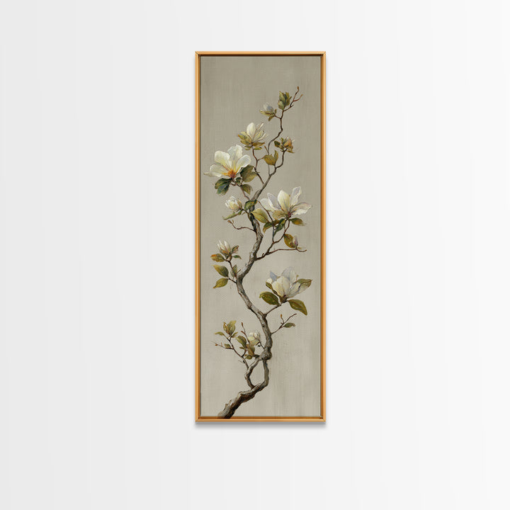 Delicate Magnolia Branch on Cream Background Canvas Print, Above Bed Art, Horizontal Wall Art, Bedroom Decor, Oil Painting, ABA-1x3-100