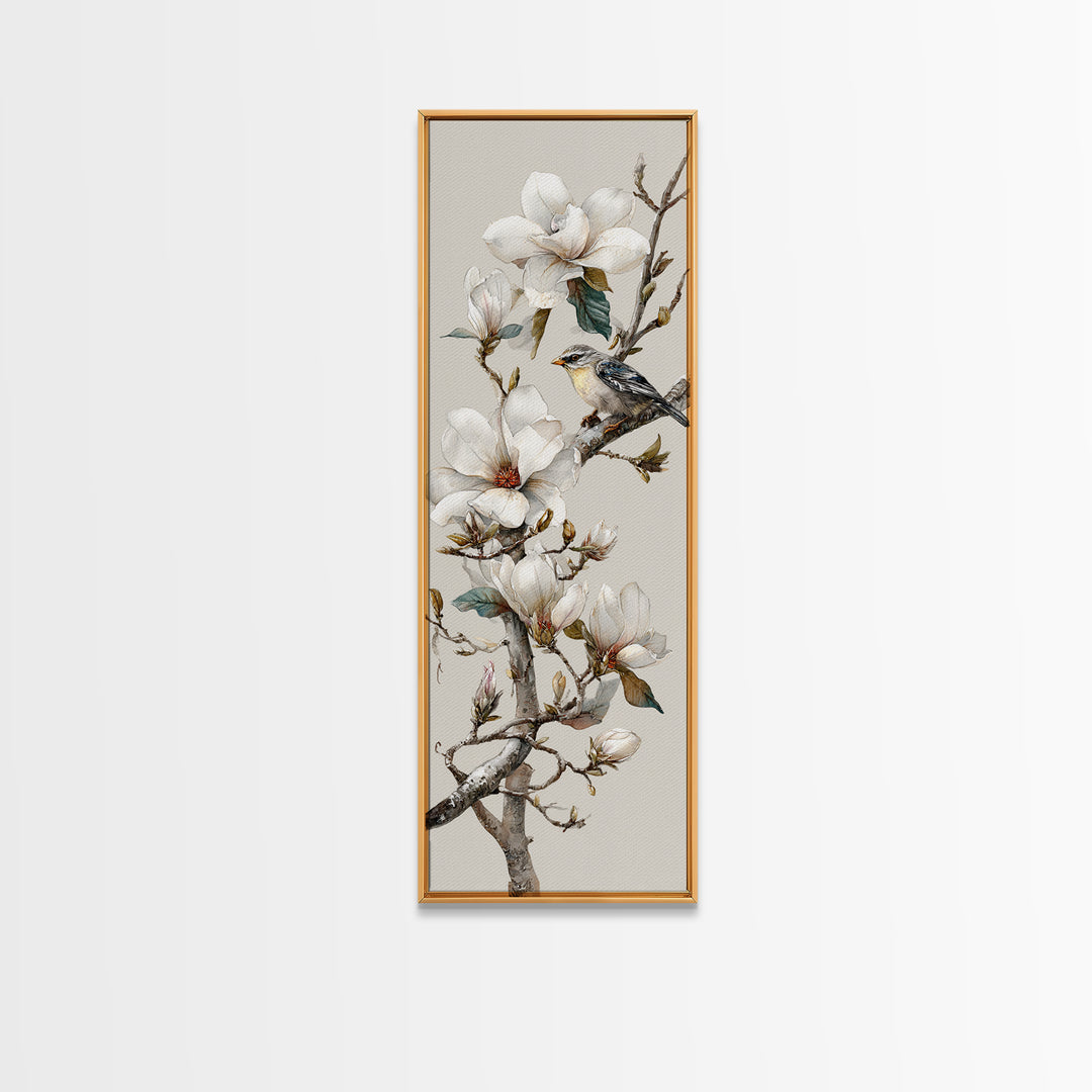 Delicate Magnolia Branch on Cream Background Framed Canvas Print, Above Bed Art, Modern Decor, Bedroom Decor, Oil Painting, ABA-1x3-4
