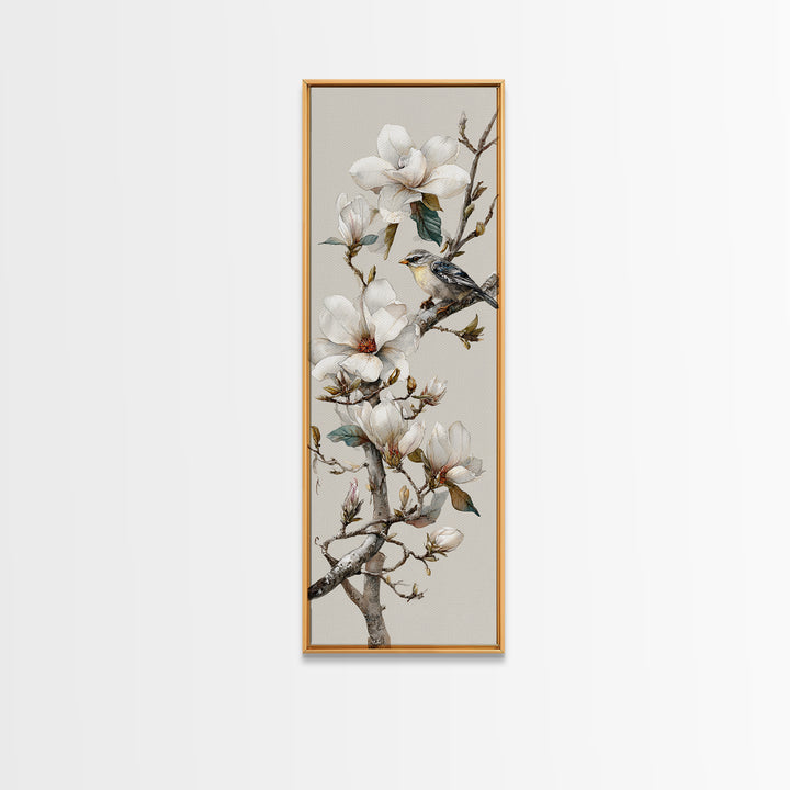 Delicate Magnolia Branch on Cream Background Framed Canvas Print, Above Bed Art, Modern Decor, Bedroom Decor, Oil Painting, ABA-1x3-4