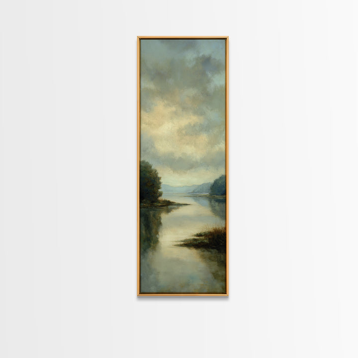 Calming Lake Reflection Framed Canvas Print, Above Bed Art, Original Art, Bedroom Decor, Serenity, Sage Green Wall Art, ABA-1x3-47