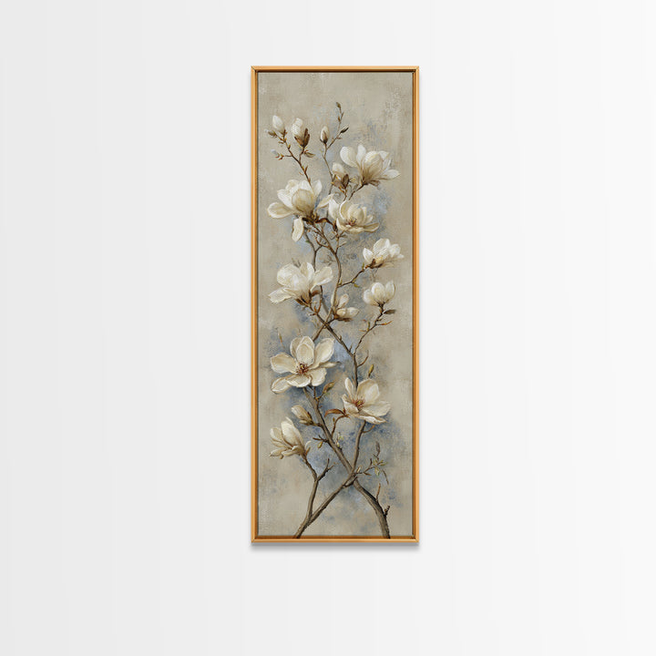 Delicate Magnolia Branch on Cream Background Framed Canvas Print, Above Bed Art, Bedroom Decor, Watercolor Art, Serenity, ABA-1x3-52