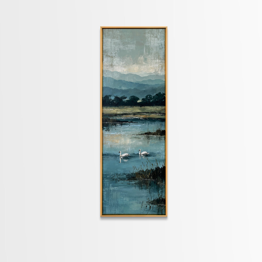 Paired Swans in a Dreamy Painterly Lake Canvas Print, Above Bed Art, Living Room Wall Art, Bedroom Decor, Serenity, Wall Decor, ABA-1x3-58