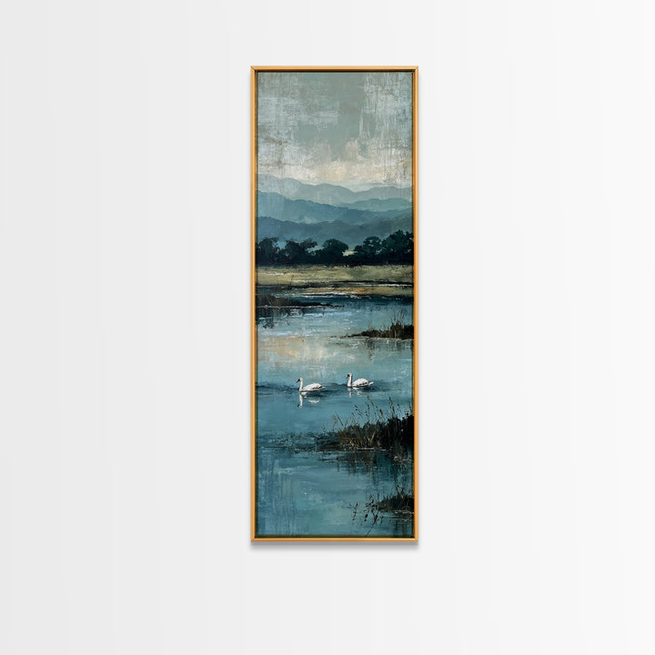Paired Swans in a Dreamy Painterly Lake Canvas Print, Above Bed Art, Living Room Wall Art, Bedroom Decor, Serenity, Wall Decor, ABA-1x3-58