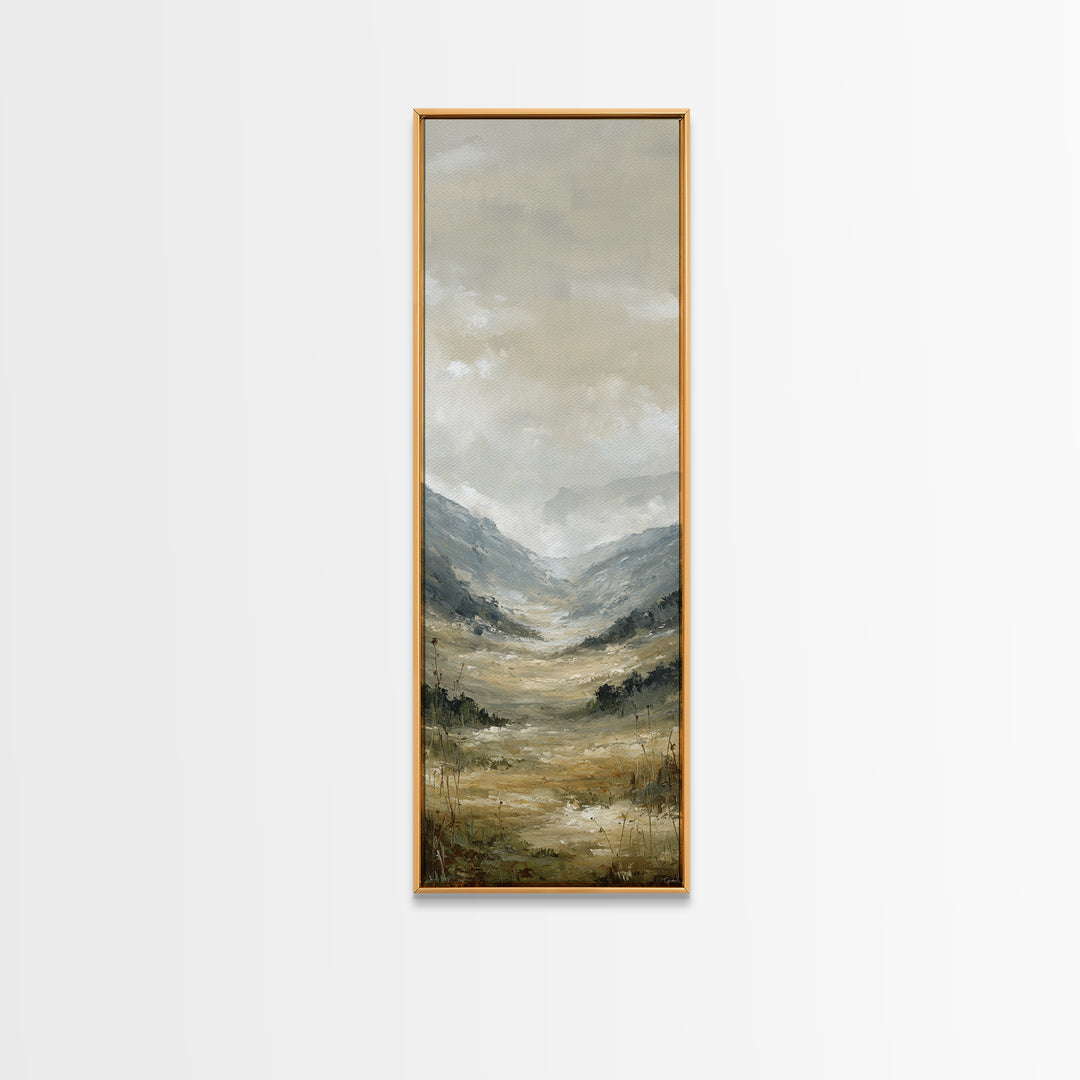Panoramic Misty Mountain Landscape Framed Canvas Print, Above Bed Art, Textured Painting, Bedroom Decor, Fine Art, Serenity, ABA-1x3-61