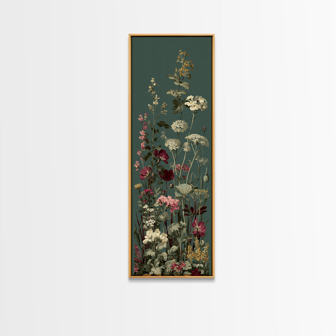 Wide Meadow of Muted Wildflowers at Dusk Framed Canvas Print, Above Bed Art, 3 Piece Wall Art, Bedroom Decor, Watercolor Art, ABA-1x3-70