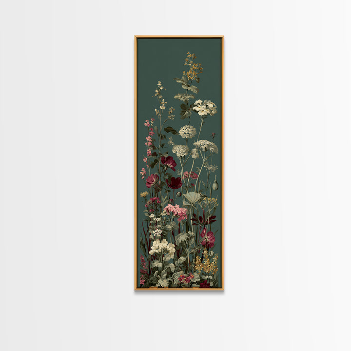 Wide Meadow of Muted Wildflowers at Dusk Framed Canvas Print, Above Bed Art, 3 Piece Wall Art, Bedroom Decor, Watercolor Art, ABA-1x3-70