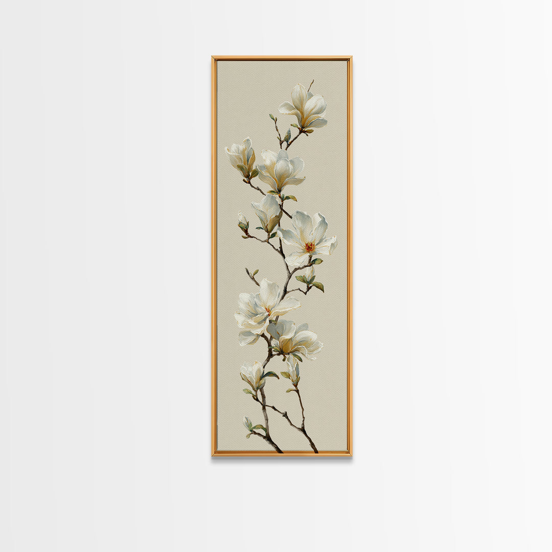Delicate Magnolia Branch on Cream Background Framed Canvas Print, Above Bed Art, Digital Print, Bedroom Decor, Serenity, ABA-1x3-76