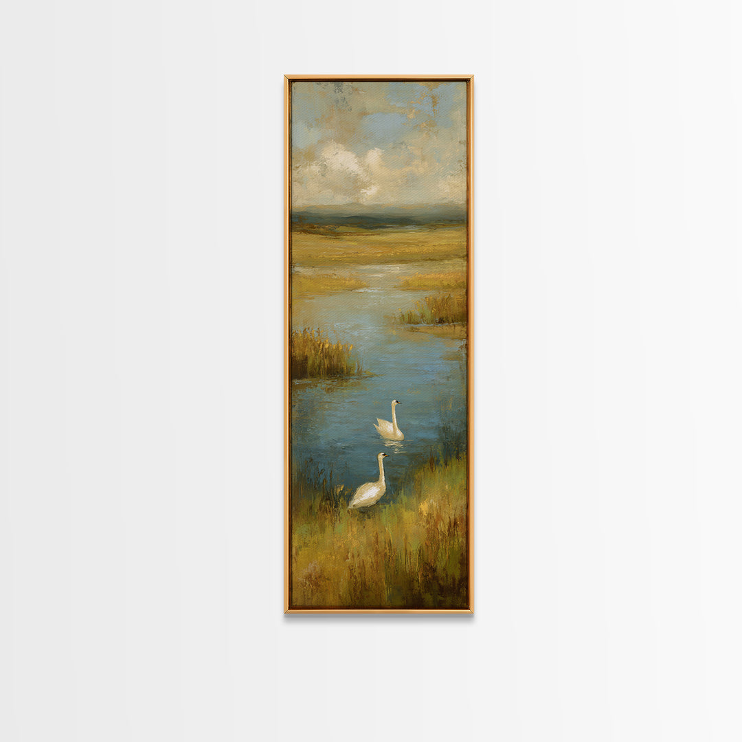Paired Swans in a Dreamy Painterly Lake Canvas Print, Above Bed Art, Home Decor, Bedroom Decor, Fine Art, Serenity, ABA-1x3-82