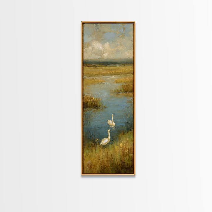 Paired Swans in a Dreamy Painterly Lake Canvas Print, Above Bed Art, Home Decor, Bedroom Decor, Fine Art, Serenity, ABA-1x3-82