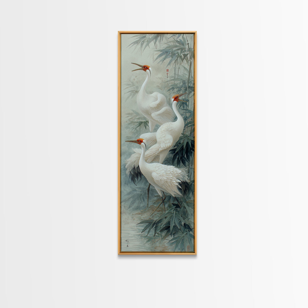 Ethereal Cranes Flying Through Pale Morning Mist Canvas Print, Above Bed Art, Minimalist Decor, Bedroom Decor, Serenity, ABA-1x3-93