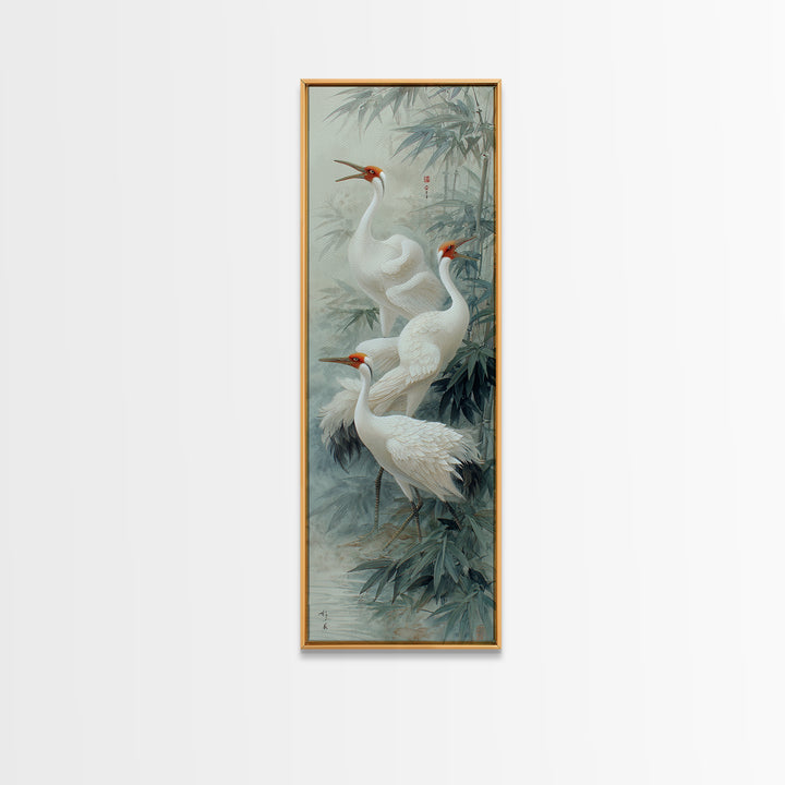Ethereal Cranes Flying Through Pale Morning Mist Canvas Print, Above Bed Art, Minimalist Decor, Bedroom Decor, Serenity, ABA-1x3-93