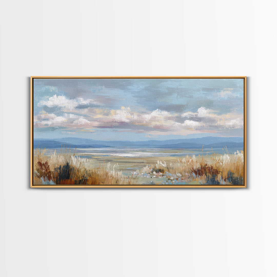 Tranquil Cloudscape with Blush Undertones Framed Canvas Print, Above Bed Art, Wall Decor, Bedroom Decor, Fine Art, Serenity, ABA-2x1-1