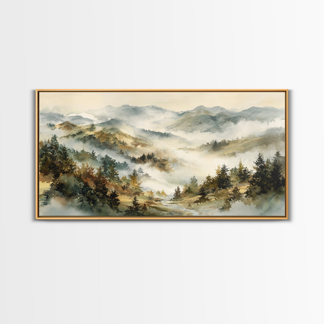 Quiet Forest Ridge Softened by Fog Framed Canvas Print, Above Bed Art, Art Print, Bedroom Decor, Fine Art, Serenity, Dorm Decor, ABA-2x1-10