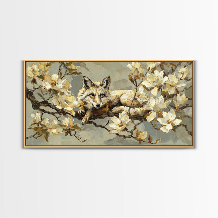 Delicate Magnolia Branch on Cream Background Framed Canvas Print, Above Bed Art, Bedroom Decor, Watercolor Art, Serenity, ABA-2x1-12