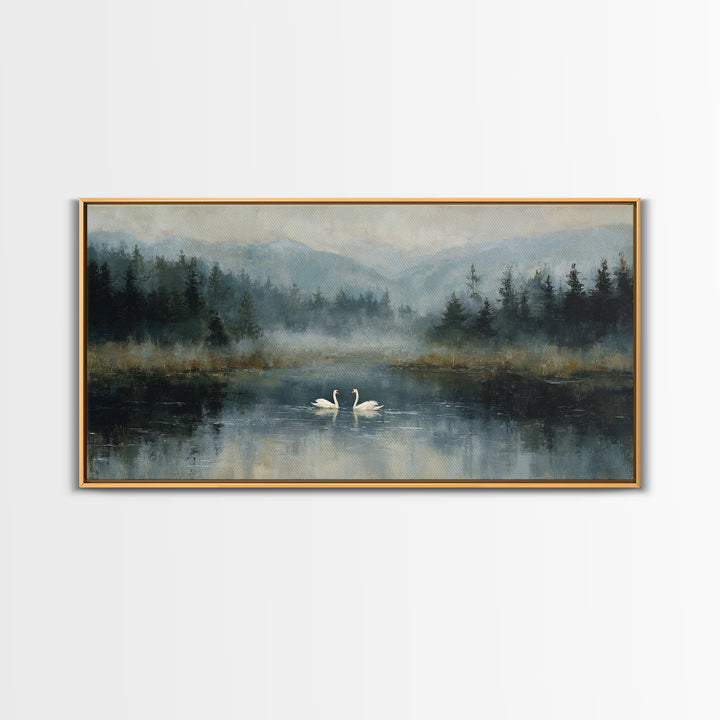 Paired Swans in a Dreamy Painterly Lake Framed Canvas Print, Above Bed Art, Fine Art Print, Bedroom Decor, Fine Art, Serenity, ABA-2x1-18