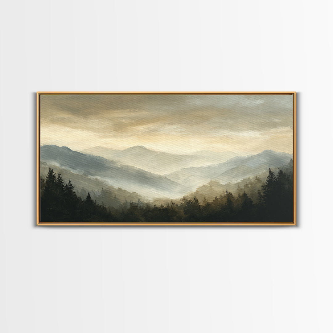 Panoramic Misty Mountain Landscape Canvas Print, Above Bed Art, Wall Art, Bedroom Decor, Fine Art, Serenity, Digital Print, ABA-2x1-21