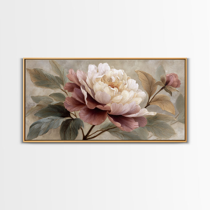 Romantic Oversized Peony Bloom on Warm Linen Canvas Print, Above Bed Art, Statement Artwork, Bedroom Decor, Abstract Art, ABA-2x1-22