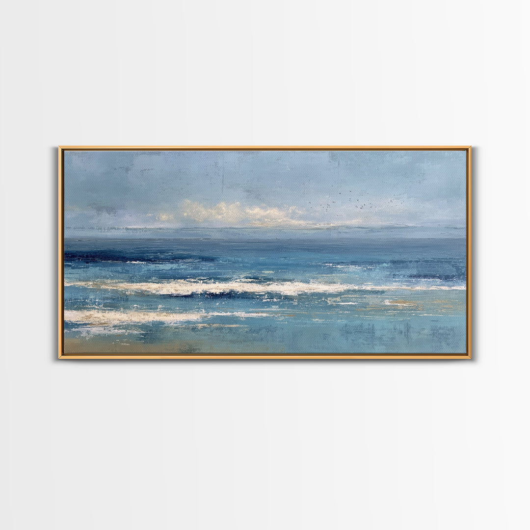 Quiet Moon over a Calm Ocean Horizon Framed Canvas Print, Above Bed Art, Mid Century Modern, Bedroom Decor, Fine Art, Serenity, ABA-2x1-23