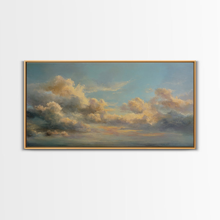 Tranquil Cloudscape with Blush Undertones Framed Canvas Print, Above Bed Art, Wall Decor, Bedroom Decor, Fine Art, Serenity, ABA-2x1-25