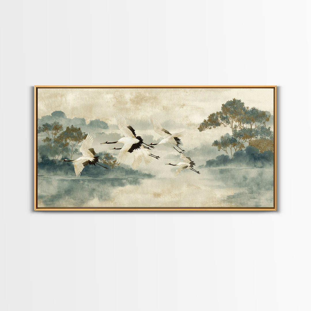 Ethereal Cranes Flying Through Pale Morning Mist Canvas Print, Above Bed Art, Digital Prints, Bedroom Decor, Serenity, ABA-2x1-29