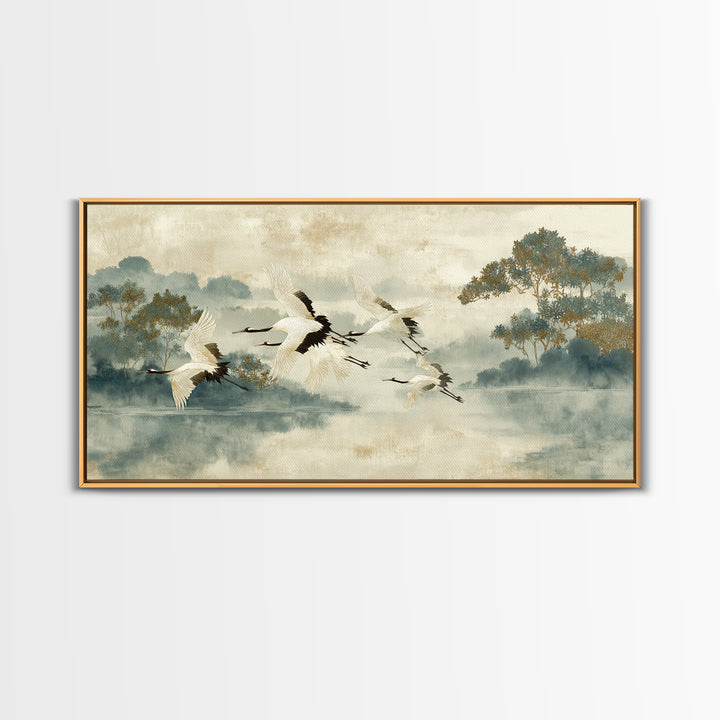 Ethereal Cranes Flying Through Pale Morning Mist Canvas Print, Above Bed Art, Digital Prints, Bedroom Decor, Serenity, ABA-2x1-29