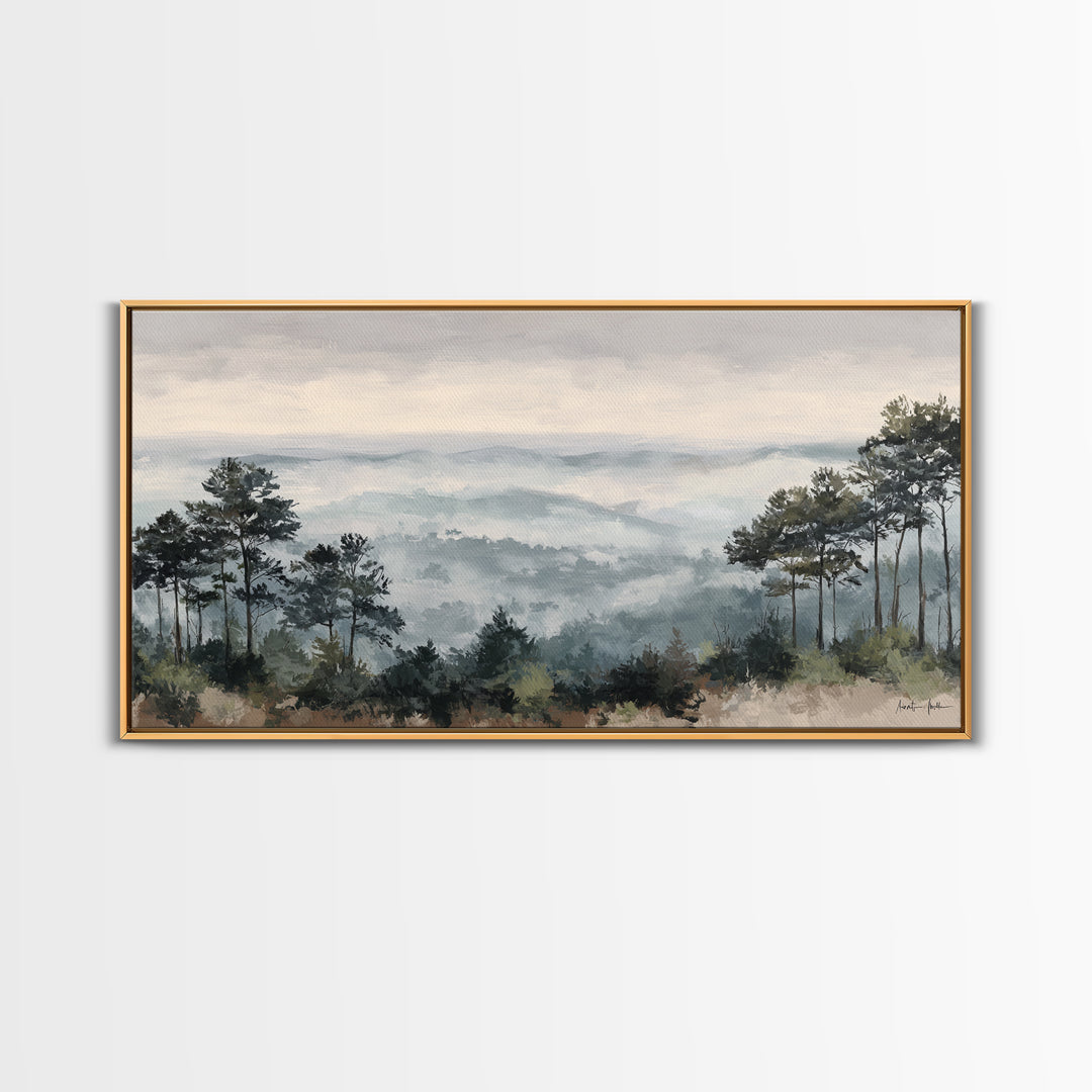 Quiet Forest Ridge Softened by Fog Framed Canvas Print, Above Bed Art, Art Print, Bedroom Decor, Fine Art, Serenity, Dorm Decor, ABA-2x1-34